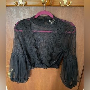 Black Lace Balloon Sleeve Blouse